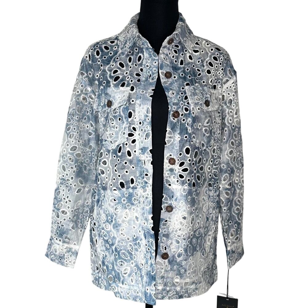 Kathy Ireland Blue & White Eyelet Button Front Jacket – Size XS New